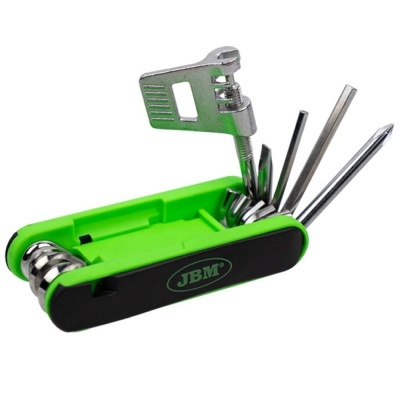 Multiferramenta dobrável verde e preta com várias ferramentas metálicas