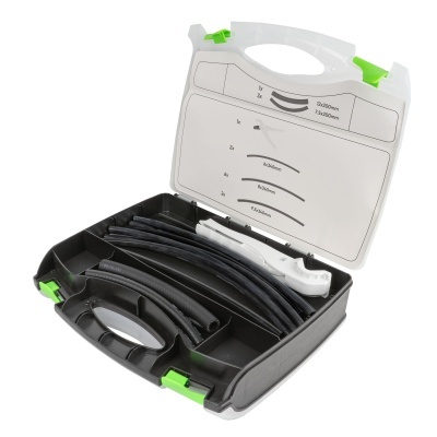 Estojo preto com ferramentas curvas e esquema gráfico na tampa