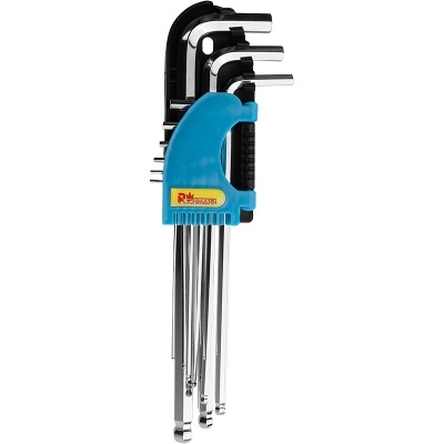 Conjunto de chaves Allen com suporte azul e chaves metálicas prateadas.