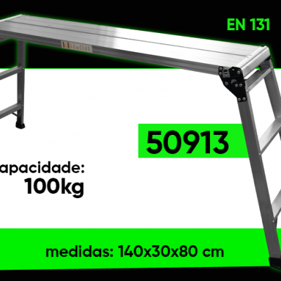 Banco de trabalho em alumínio prateado com capacidade e medidas destacadas