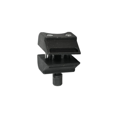 Acessório metálico preto com dois parafusos e base hexagonal