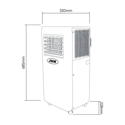 Desenho técnico de aparelho branco com rodas e marca JBM