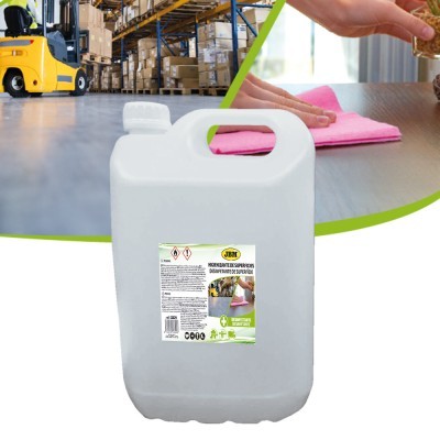 Recipiente plástico branco com rótulo de produto de limpeza para pisos e superfícies