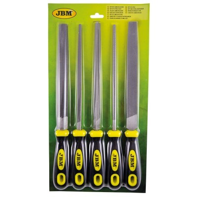 Conjunto de 5 limas metálicas com cabos pretos e amarelos em embalagem verde