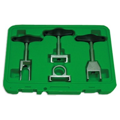 Conjunto de três ferramentas metálicas com punhos pretos em estojo verde plástico