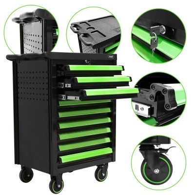 Carrinho de ferramentas preto com gavetas verdes e rodas