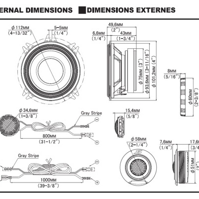 Desenho técnico de componentes circulares com dimensões e cabos cinzentos