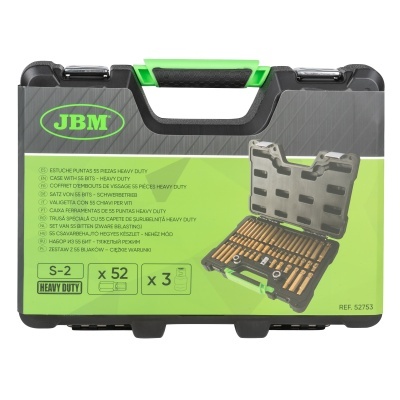 Estojo cinza e verde JBM com 52 peças de bit para parafusadeira