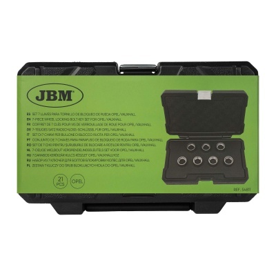 Conjunto JBM 21 peças para remoção de injetores em caixa preta com etiqueta verde.