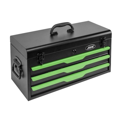 Caixa de ferramentas metálica preta com gavetas verdes e alça