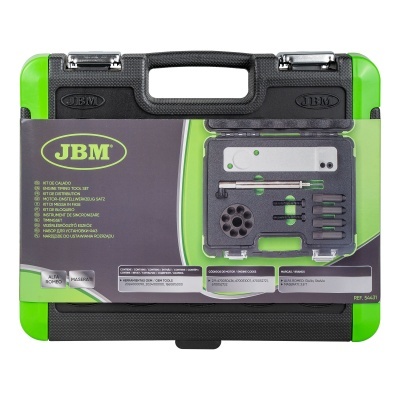 Caixa de ferramentas JBM preta e verde com várias peças metalizadas organizadas