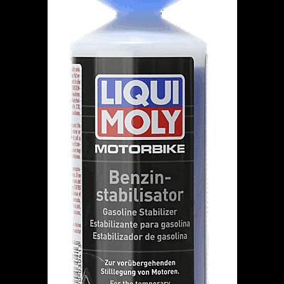 Frasco plástico com tampa azul e rótulo LIQUI MOLY MOTORBIKE Benzin-stabilisator