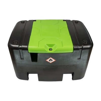 Caixa transportadora preta com tampa verde e símbolo inflamável