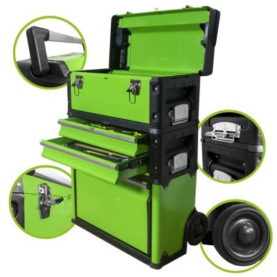 Maleta verde de ferramentas com rodas e gavetas abertas