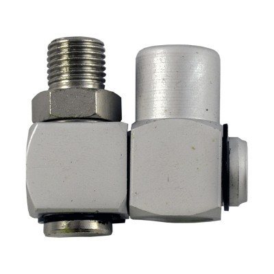 Conector metálico com rosca e corpo cinzento claro em fundo branco