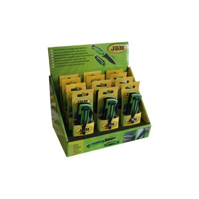 Caixa expositora com afiadores de facas JBM verdes e pretos em embalagem amarela