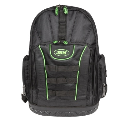 Mochila preta com detalhes verdes e logótipo JBM