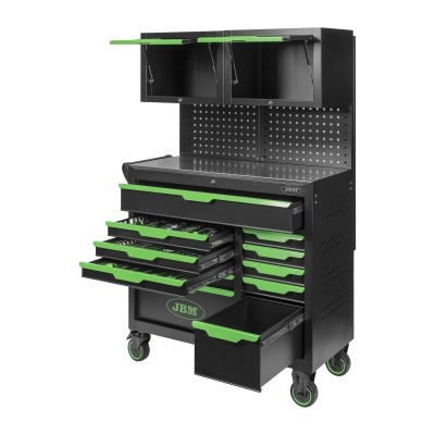 Carrinho de ferramentas preto e verde com gavetas abertas e rodas