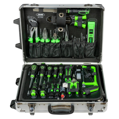 Conjunto de ferramentas num estojo metálico aberto com ferramentas verdes e pretas organizadas.