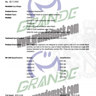 Documento de certificação EU Type Examination Certificate para respiradores tipo copo moldado