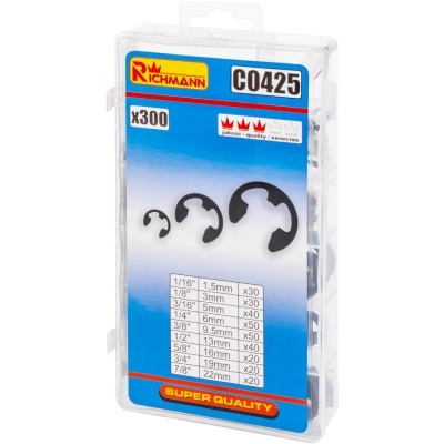 Caixa plástica com anilhas elásticas pretas de vários tamanhos da marca Richmann