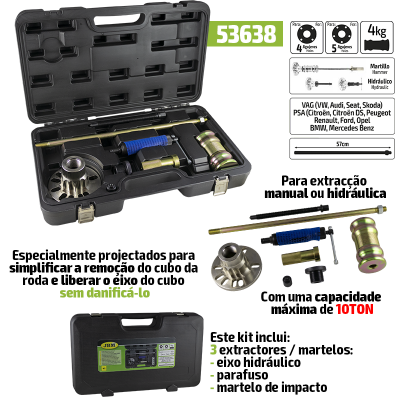 Kit de extração para cubo de roda com estojo preto e peças metálicas