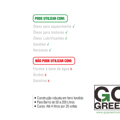 Instruções de uso de produto para líquidos com ícones de ✓ para permitidos e ✗ para não permitidos, texto técnico e logo GO GREEN