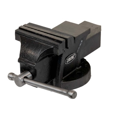 Morsa de bancada preta em metal com manípulo em aço e logotipo JBM