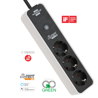 Tomada elétrica branca e preta com três tomadas e botões