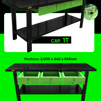 Bancada de trabalho preta com três gavetas verdes e estrutura metálica