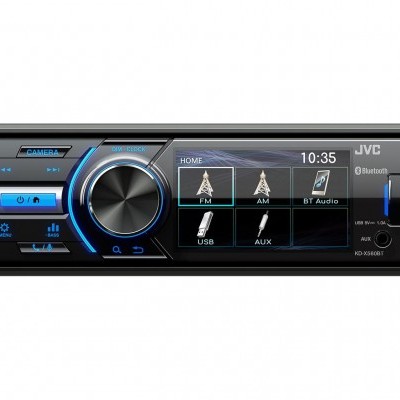 Aparelho de som automóvel JVC preto com ecrã digital colorido e roda seletora