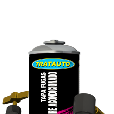 Lata preta TRATAUTO para fuga de ar condicionado com mangueira amarela e adaptadores metálicos.