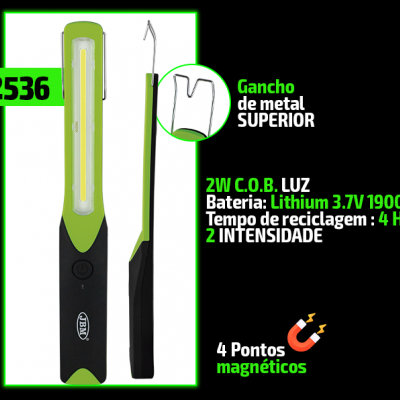 Lanterna preta e verde com texto informativo sobre especificações