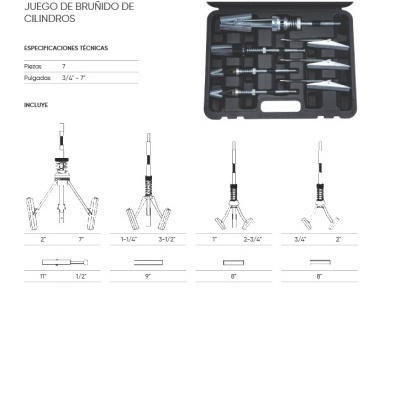 Conjunto de bruñido de cilindros em estojo preto com 7 peças e ficha técnica.
