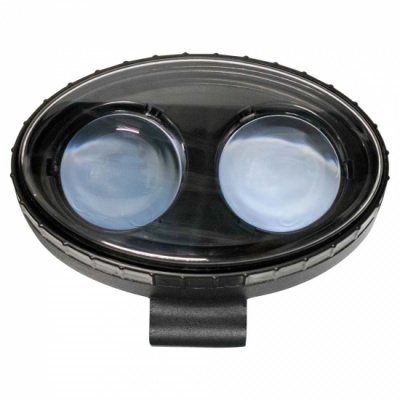 Luz dianteira oval preta para bicicleta com duas lentes transparentes grandes