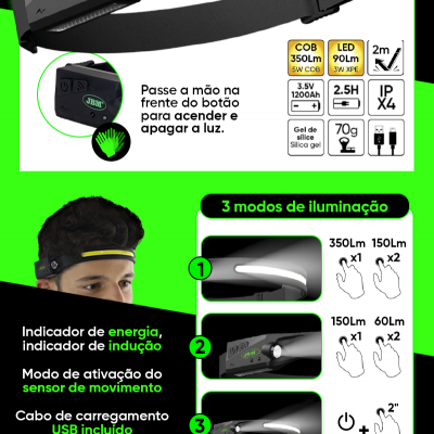 lanterna de cabeça JBM preta com faixa amarela e sensor de movimento