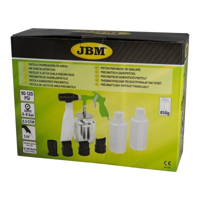 Pistola pneumática de jacto de areia JBM com acessórios e embalagem preta e amarela