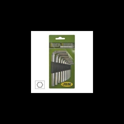 Conjunto de chaves hexagonais em suporte preto, embalagem verde com logótipo amarelo JBM