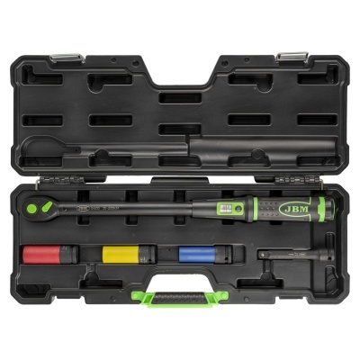 Conjunto de ferramentas de torque em caixa preta com detalhes verdes e adaptadores coloridos