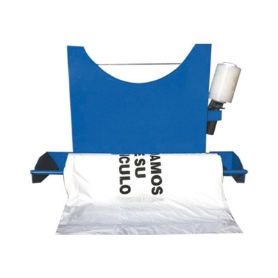 Máquina azul metálica com saco de plástico branco aberto e texto preto