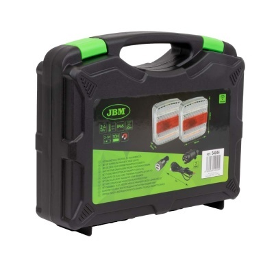 Mala preta rígida com detalhes verdes e etiqueta verde com imagens e texto, marca JBM