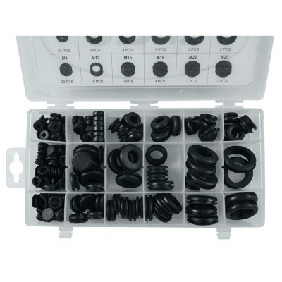 Estojo branco com anilhas de borracha pretas de vários tamanhos organizadas