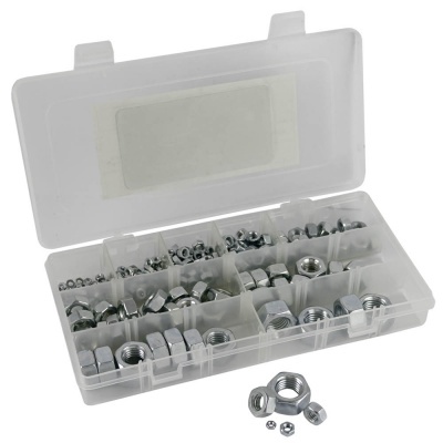 Conjunto de porcas de metal em caixa transparente com divisórias e vários tamanhos.