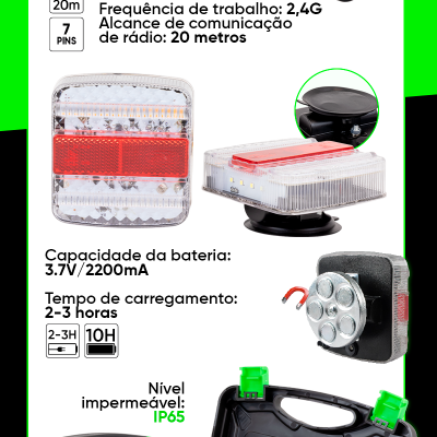 Conjunto de luzes traseiras retangulares com faixa vermelha e acessórios em mala de transporte preta