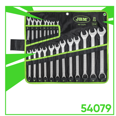 Jogo de 21 chaves fixas em suporte de tecido preto e verde