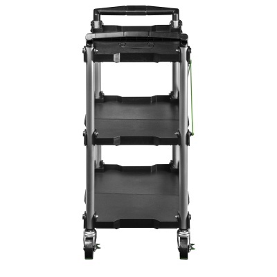 Carrinho de transporte preto com estrutura metálica e rodas