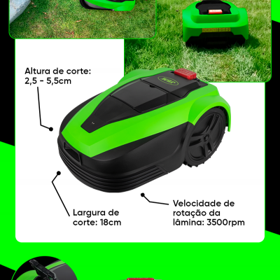 Robô cortador de relva verde e preto com detalhes em vermelho e aplicação móvel para controlo