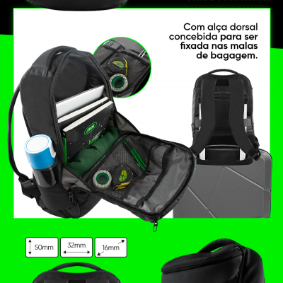 Mochila preta impermeável com múltiplos compartimentos e alça dorsal para fixar em bagagem