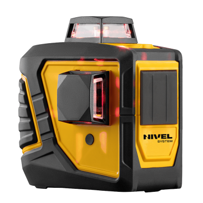 Dispositivo nivelador a laser amarelo e preto com lentes e texto NIVEL SYSTEM