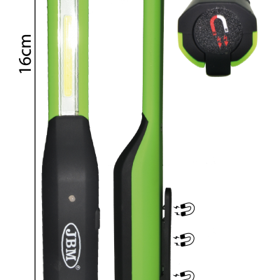 Lanterna portátil preta e verde com LED e botão, marca JBM, vista frontal, lateral e topo.